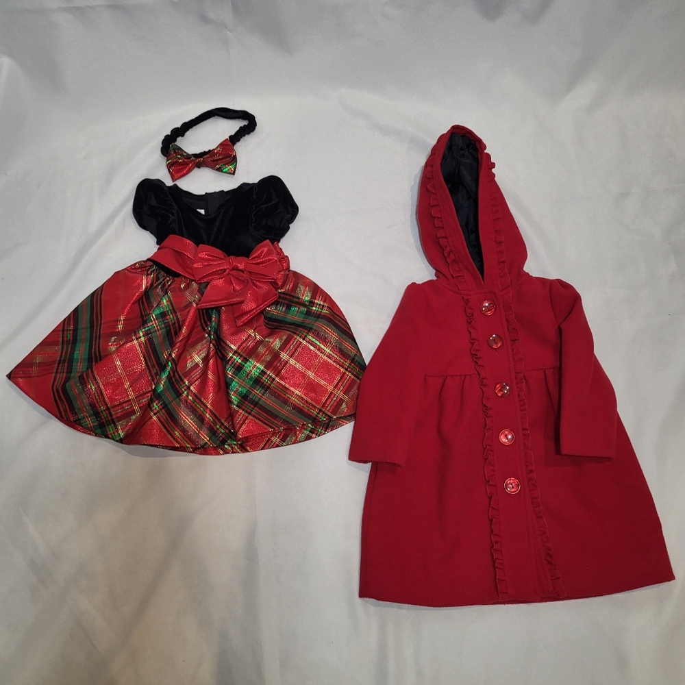 Jillians Closet Christmas Velvet & Plaid Dress Button Up jacket Headband 18M
